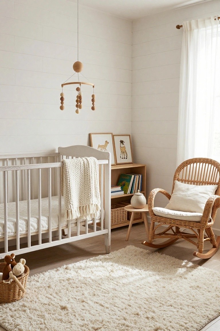 White wooden crib with cream knit blanket in a nursery with shiplap walls, wooden mobile overhead, rattan rocking chair with white cushion, bookshelves stocked with books, basket of stuffed toys, and fluffy white rug on hardwood floor.