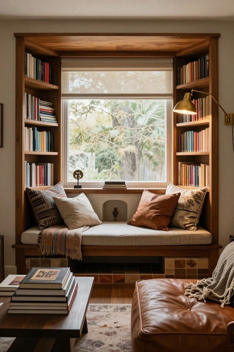 Wooden built-in bookshelves frame a cushioned window seat with pillows and a throw blanket in a cozy interior room, with books on shelves, a lamp above, garden view outside, wooden coffee table with stacked books, and brown leather ottoman on a patterned rug.