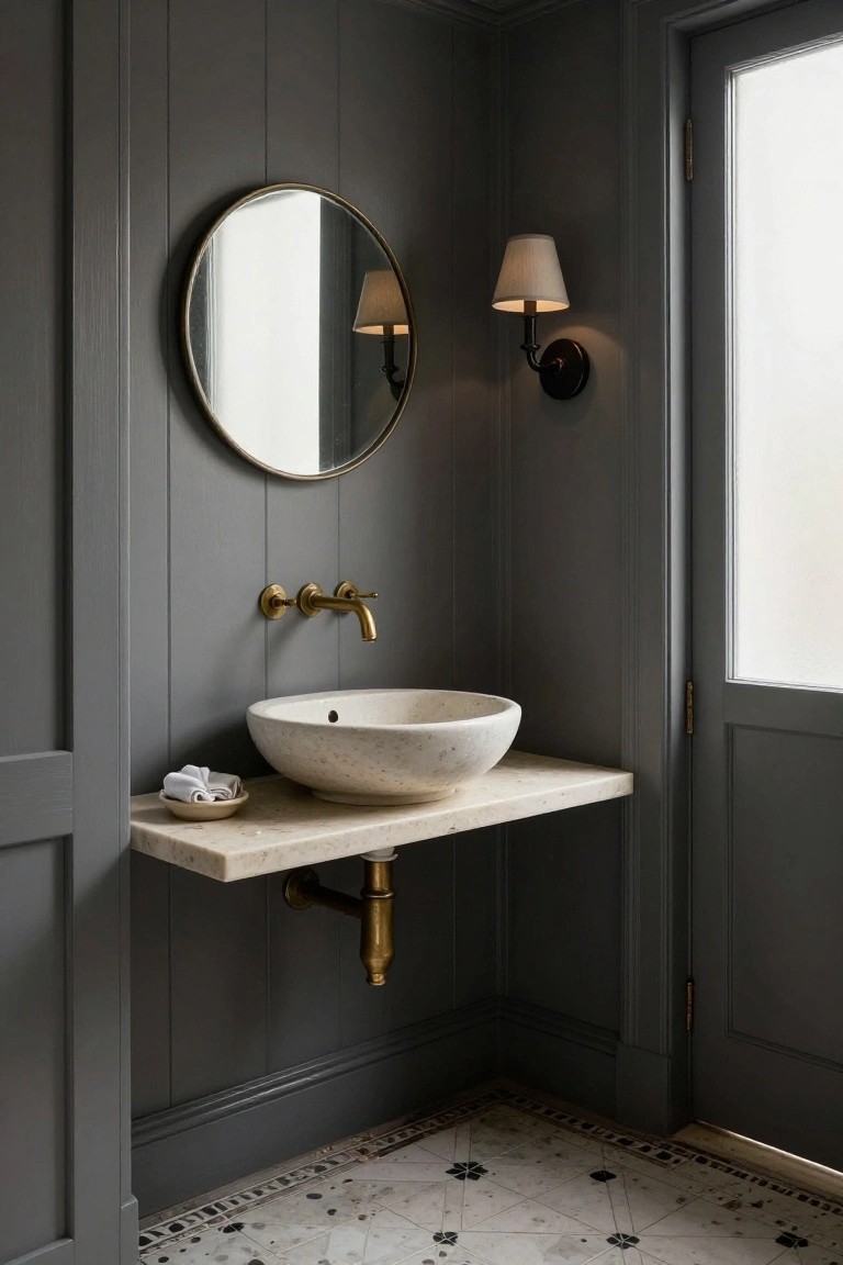 Corner powder room with dark gray vertical wood paneling on walls, floating white stone vessel sink on marble shelf, brass wall-mounted faucet and drain, round brass mirror, fabric wall sconce, small towel dish, and gray paneled door with frosted glass.