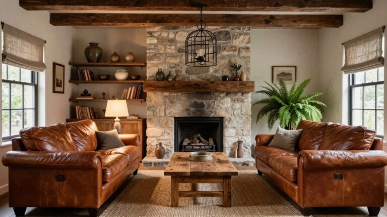 Cozy living room with exposed wooden beam ceiling, large stone fireplace under wooden mantel, facing brown leather sofas, wooden coffee table, bookshelves, pottery, plants, and window with shade.