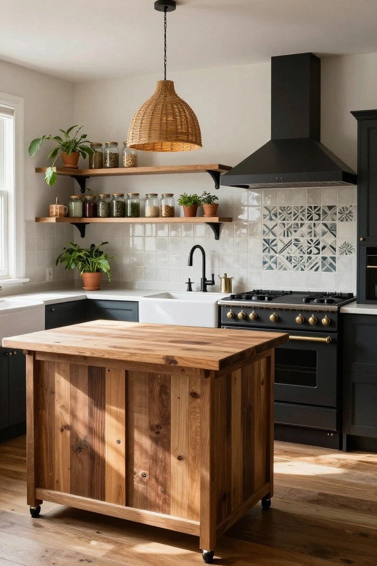 A cozy kitchen with a freestanding wooden island on wheels, dark cabinets, white farmhouse sink, black range with gold knobs, open wood shelves holding jars and plants, rattan pendant light, and blue and white tiled backsplash.