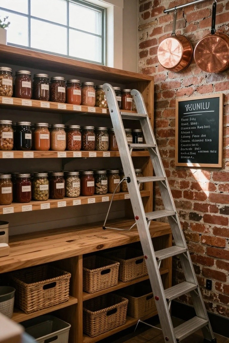 Wooden open shelves in a rustic kitchen pantry filled with labeled mason jars of beans, grains, spices, and olives, with a silver step ladder leaning against them, exposed brick wall, hanging copper pots, and wicker baskets below.