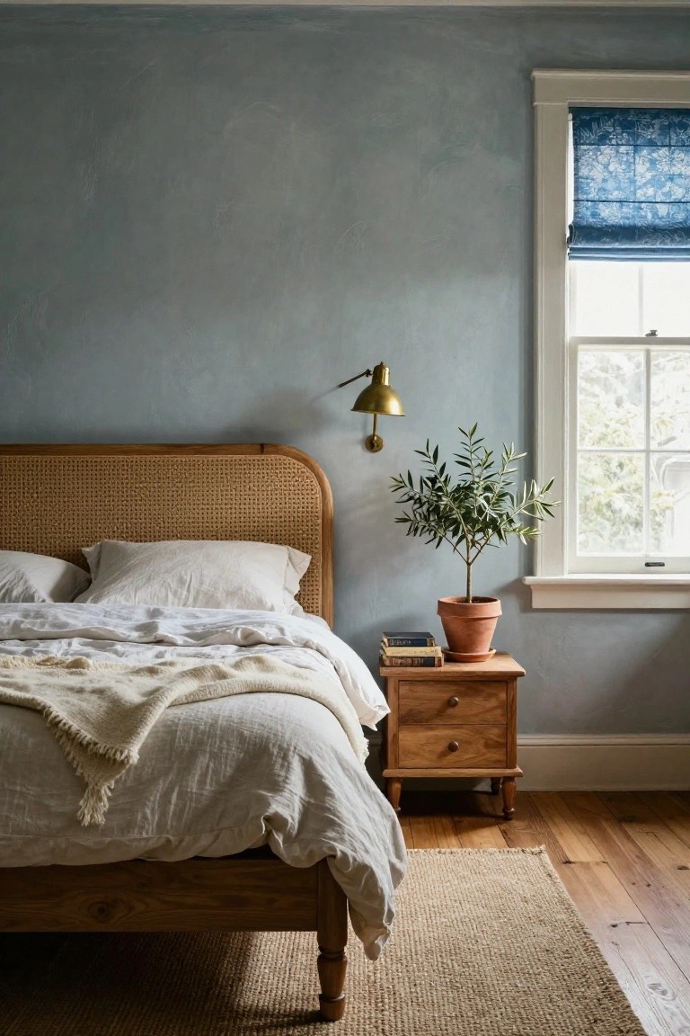 Bedroom interior with curved rattan headboard on wooden bed frame, white linen bedding and throw, wooden nightstand holding books and potted olive tree, brass wall sconce, blue-gray textured walls, and window with blue patterned roman shade.