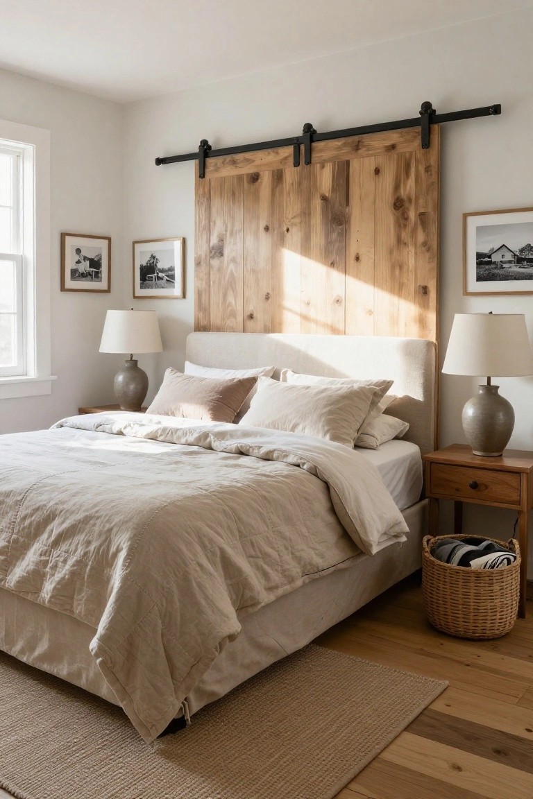 A bedroom with a tall wooden sliding barn door mounted above a beige upholstered bed headboard, neutral linens, two ceramic lamps on wooden nightstands, framed photos on walls, and a seagrass basket beside the bed on hardwood floors.