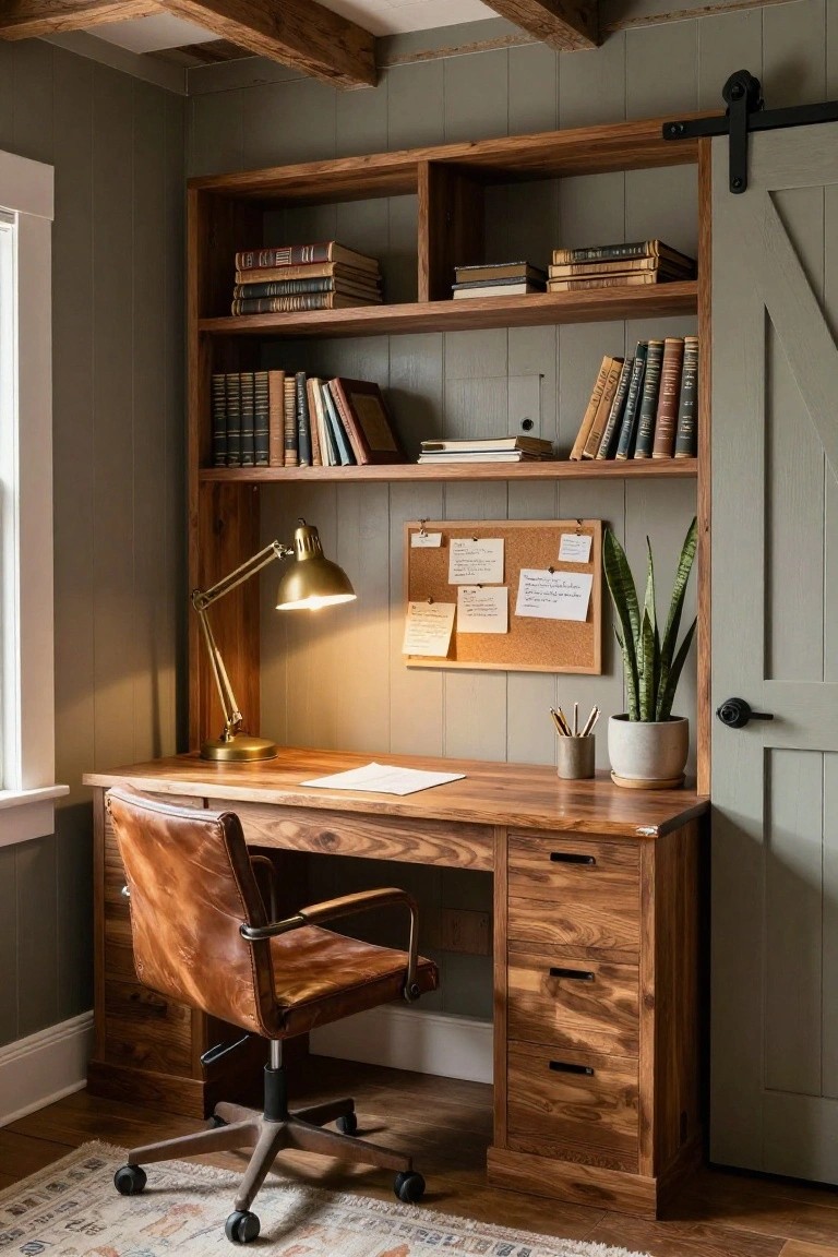 Wooden built-in bookshelves surrounding a wooden desk with brown leather chair, brass desk lamp, corkboard, snake plant, and pens in a green-walled room with beamed ceiling and barn door.