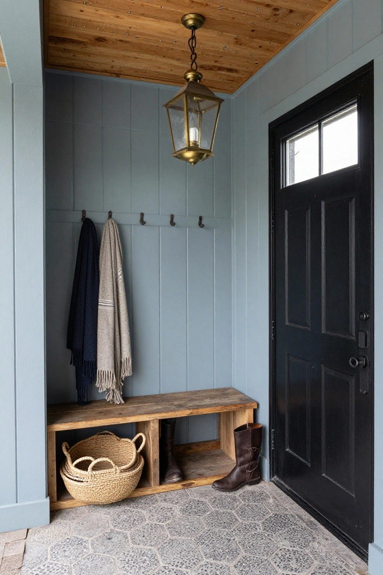 Light blue vertical board-and-batten walls in a small entryway with wooden plank ceiling, brass lantern pendant light, wall hooks holding navy and beige scarves, wooden bench with cubbies containing woven baskets and tall brown boots, black paneled front door with glass panels, and hexagonal gray tile floor.