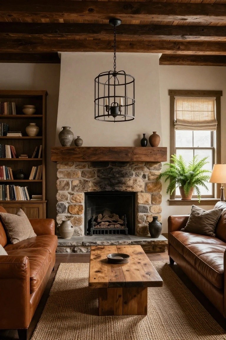 Cozy living room with exposed wooden beam ceiling, large stone fireplace under wooden mantel, facing brown leather sofas, wooden coffee table, bookshelves, pottery, plants, and window with shade.