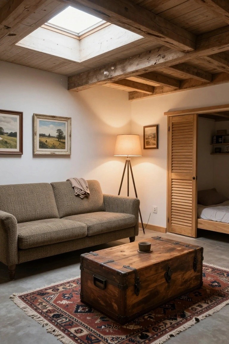 Cozy rustic living room interior with exposed wood beam ceiling, skylight, textured beige sofa, wooden trunk as coffee table on red Persian rug, tripod lamp, landscape paintings, and slatted wooden door to bed alcove.