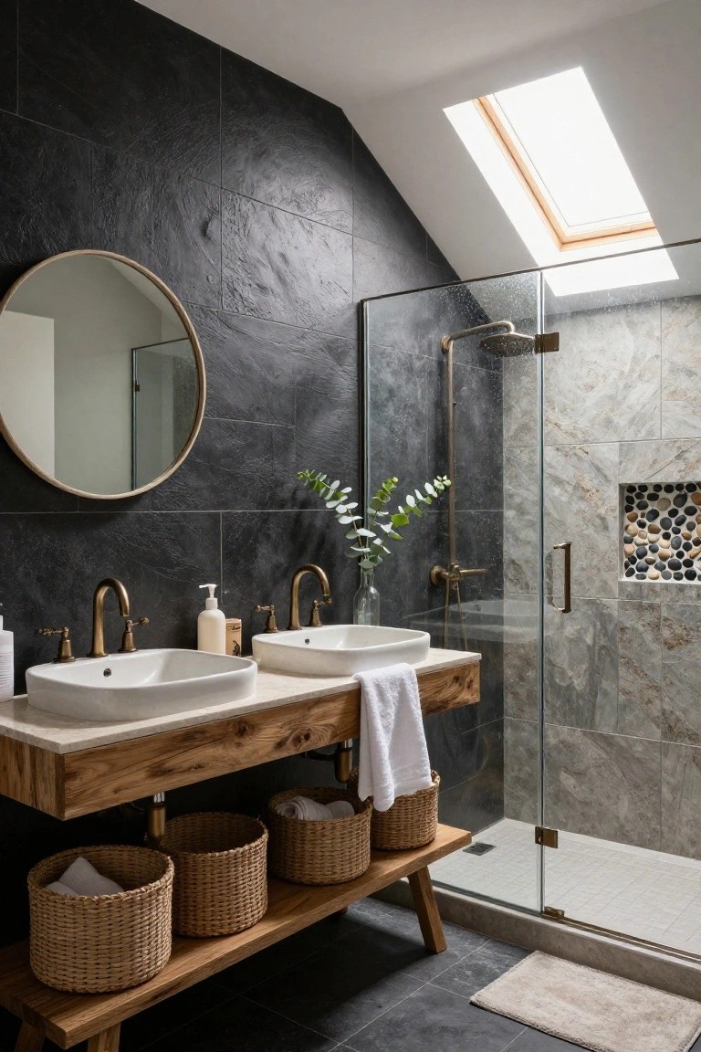 Contemporary bathroom with dark slate tile walls and floor, rustic wooden double vanity on trestle legs with woven baskets below, glass shower enclosure, round mirror, and skylight.