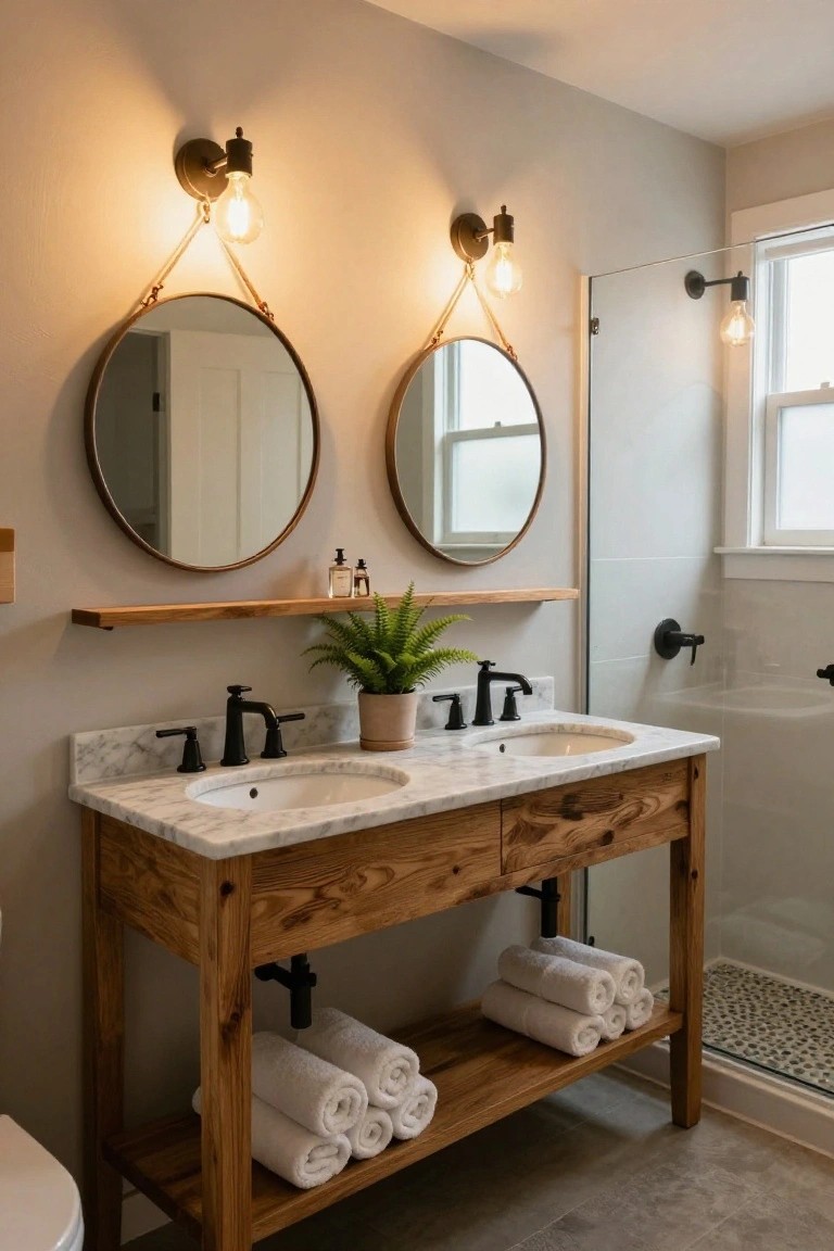 A bathroom interior with a wooden double vanity topped by white marble sinks, round mirrors hung by ropes, black faucets, stacked towels on open shelves, a potted fern on a wood shelf, and a glass shower enclosure next to a toilet.