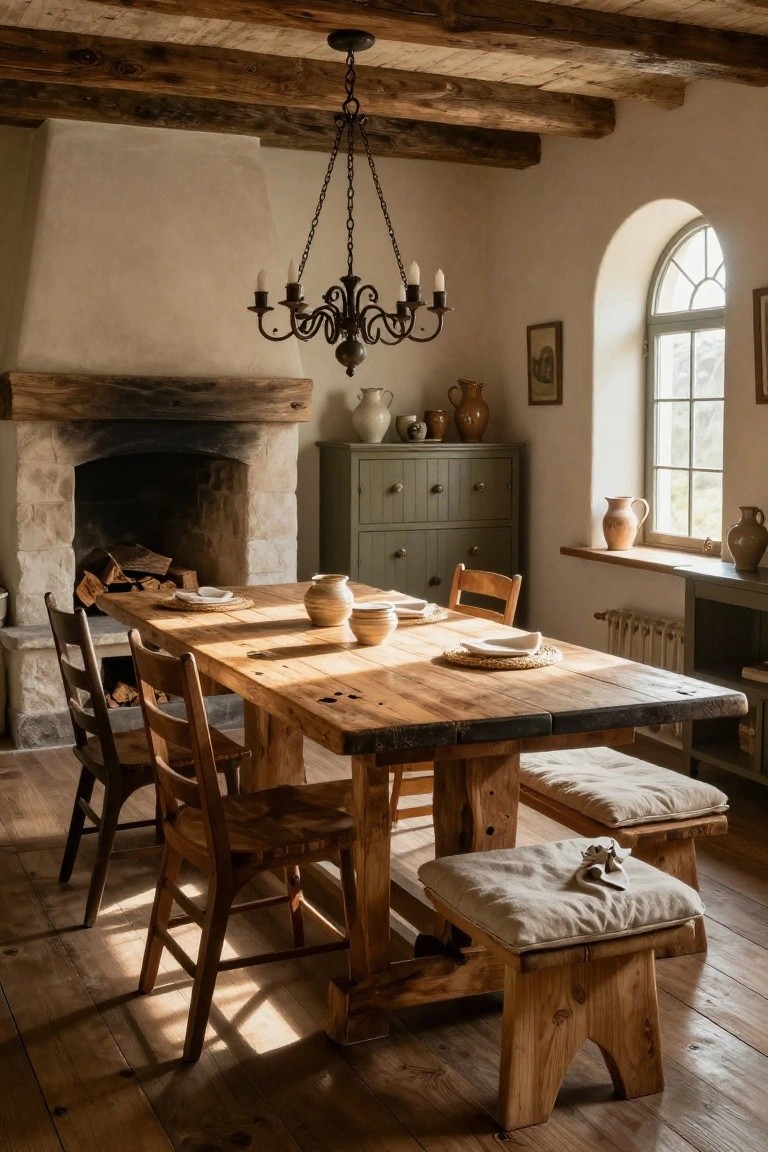 Rustic interior dining room featuring exposed wooden ceiling beams, stone fireplace with firewood, large wooden farm table with benches and chairs, woven placemats, pottery, and arched window with natural light.