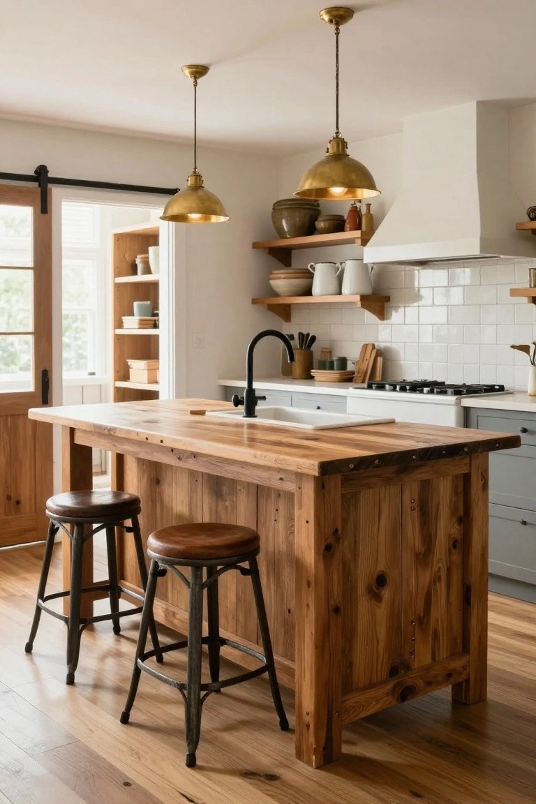 Kitchen with a large rectangular wooden island topped by a white farmhouse sink, flanked by two leather bar stools on metal bases, white shaker cabinets, black faucet, brass pendant lights, open shelving with pottery, and a gas range.