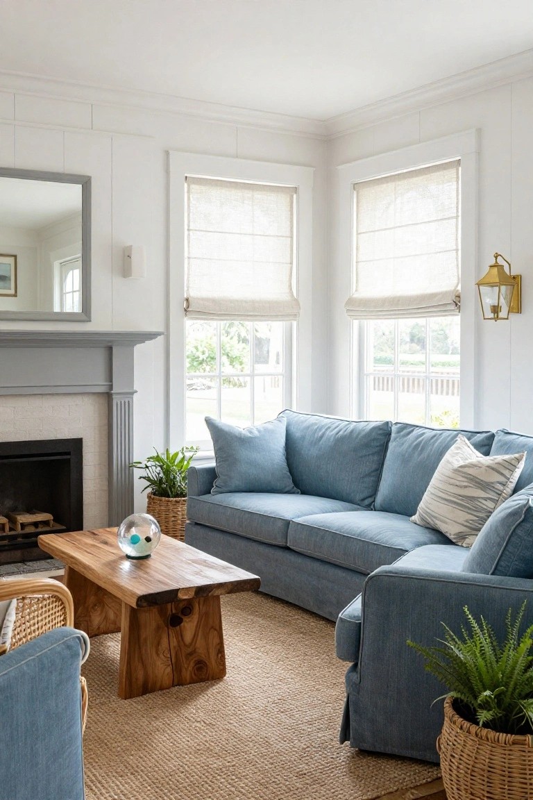 Corner living room with white shiplap walls, gray fireplace mantel, blue L-shaped sofa, wood slab coffee table with glass orb, potted plants in baskets, rattan chairs, seagrass rug, and large windows with linen shades.