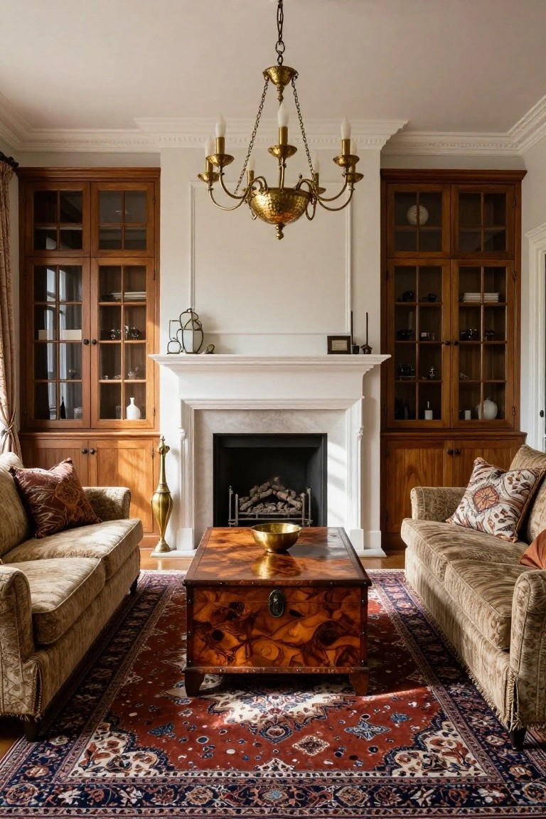 Traditional living room with tall wooden bookcases flanking a white marble fireplace, two beige upholstered sofas facing each other on a red and navy oriental rug, brass chandelier overhead, and wooden coffee table centered.