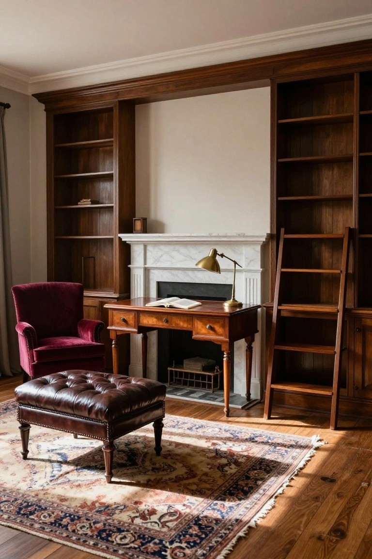 Wood-paneled study interior with tall built-in bookshelves flanking a marble fireplace, wooden desk with open book, red velvet armchair, leather ottoman, brass lamp, and patterned rug on hardwood floor