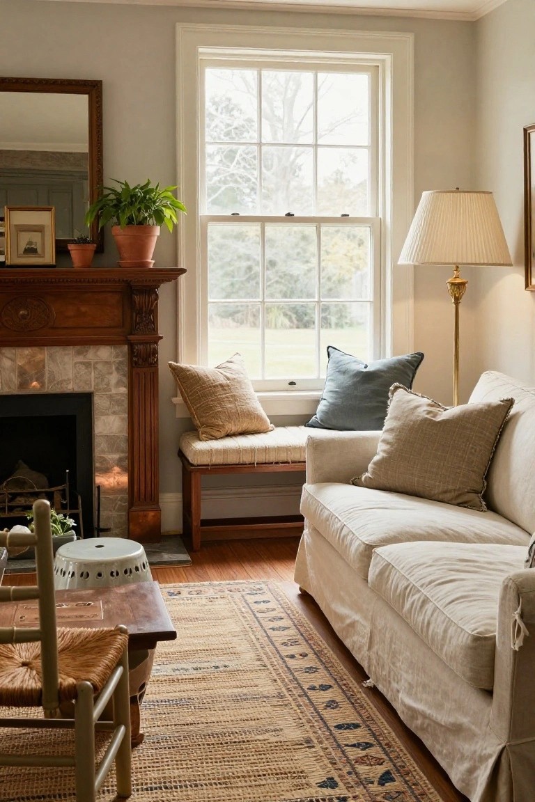 A traditional living room with a carved wooden fireplace mantel, beige linen sofa with pillows, wooden bench, large window with trees outside, and neutral rug on hardwood floor.
