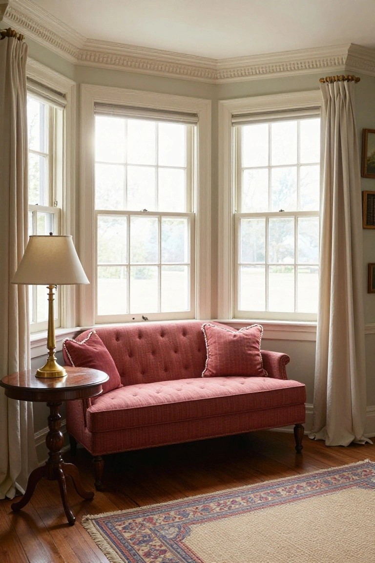 Bay window corner in a light-colored traditional living room with a red tufted loveseat, brass lamp on a round wooden side table, pillows, beige curtains, hardwood floors, and an oriental rug.