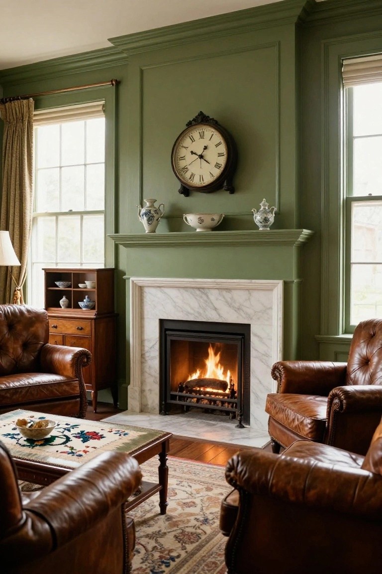 Traditional living room featuring sage green paneled walls, white marble fireplace with fire burning, brown leather armchairs, wooden side tables with Chinese porcelain, and a large clock on the wall.