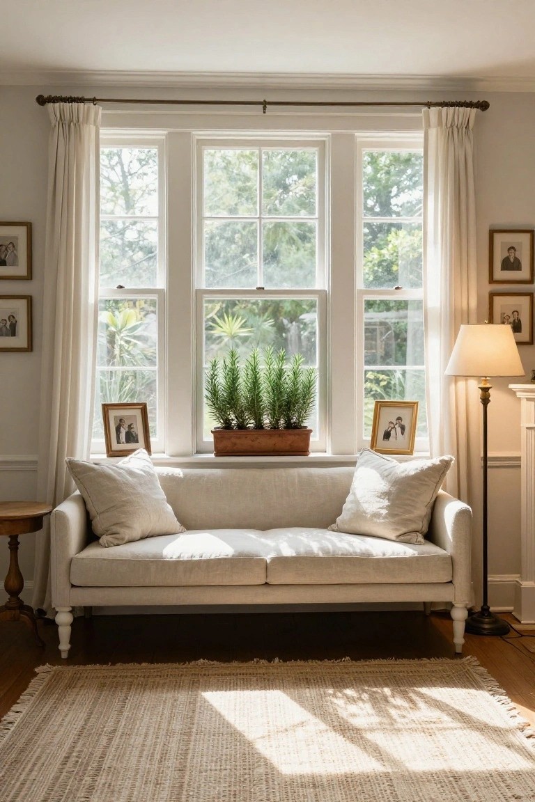 Beige linen sofa centered in front of three large triple-hung windows with sheer white curtains partially drawn, rosemary plants in a terracotta pot on the window sill, family photos in gold frames on walls, and a seagrass rug on hardwood floor in a light gray living room.