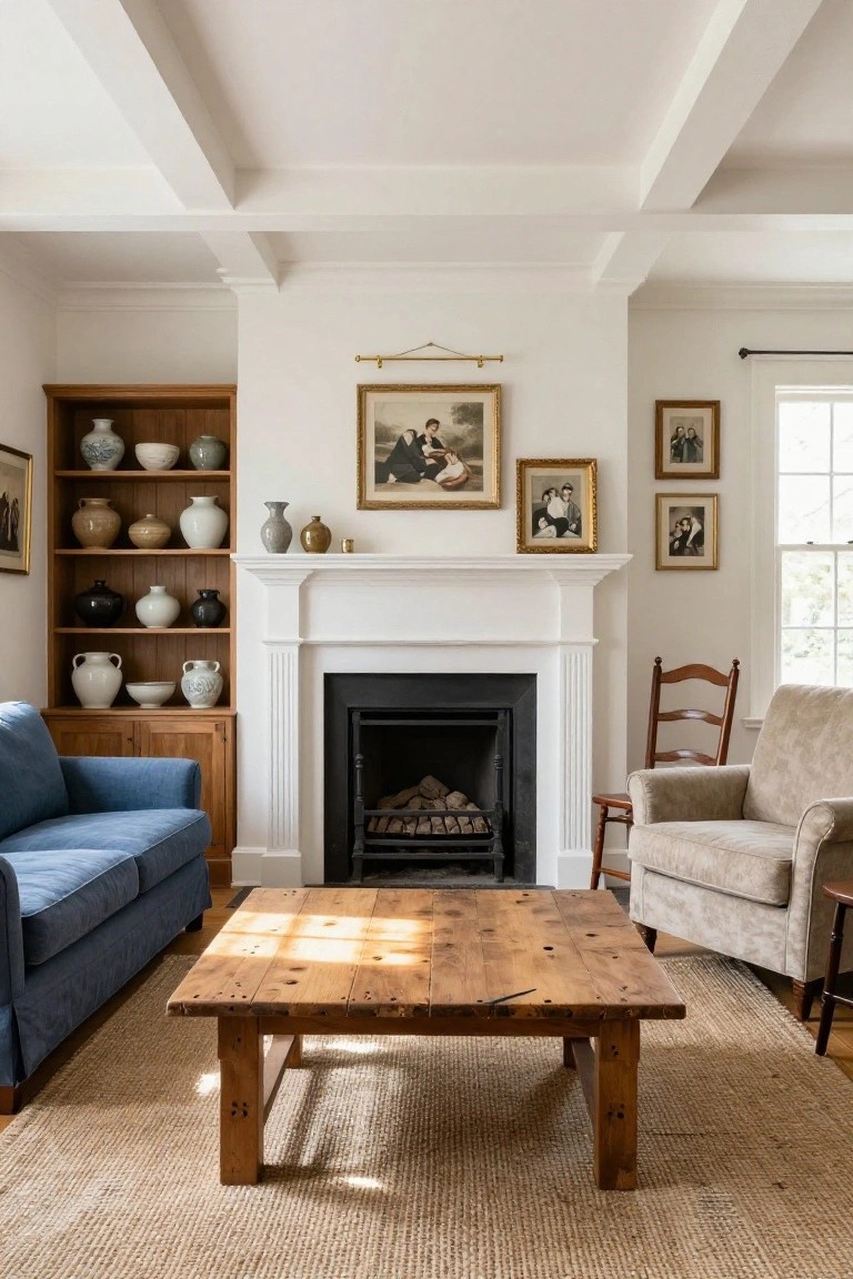 A traditional living room with a white fireplace flanked by wooden built-in cabinets displaying assorted ceramic vases and pots, a blue sofa, beige armchair, wooden coffee table, and seagrass rug.