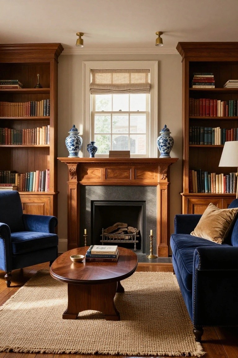 Cozy living room with blue velvet seating, wooden bookshelves, and fireplace.
