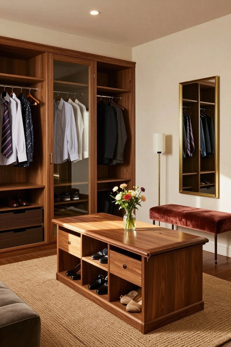 Wooden walk-in closet with glass-fronted wardrobes holding clothes, a central wooden bench with drawers and shoe shelves, a velvet ottoman, vase of flowers, floor lamp, and gold-framed mirror on beige walls over a seagrass rug.