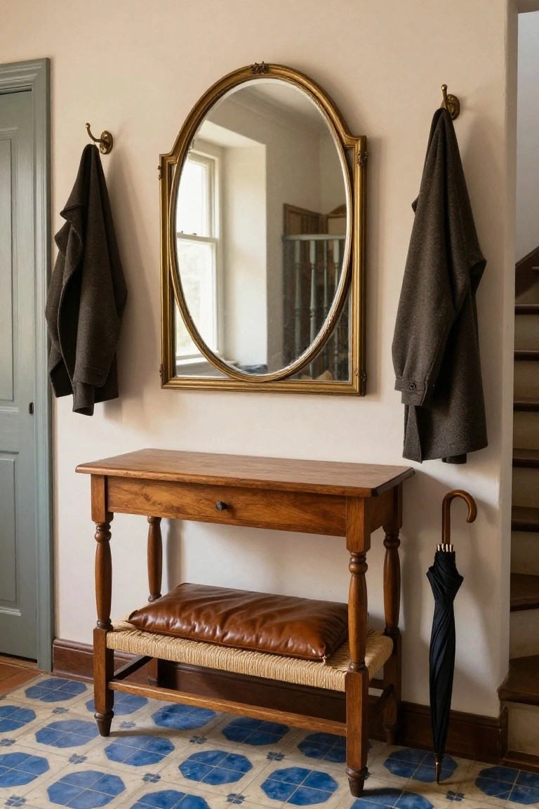 Entryway with wooden console table supporting a cushioned bench, gold-framed oval mirror on wall, coats on hooks, green door, umbrella stand, and blue octagonal tile floor.