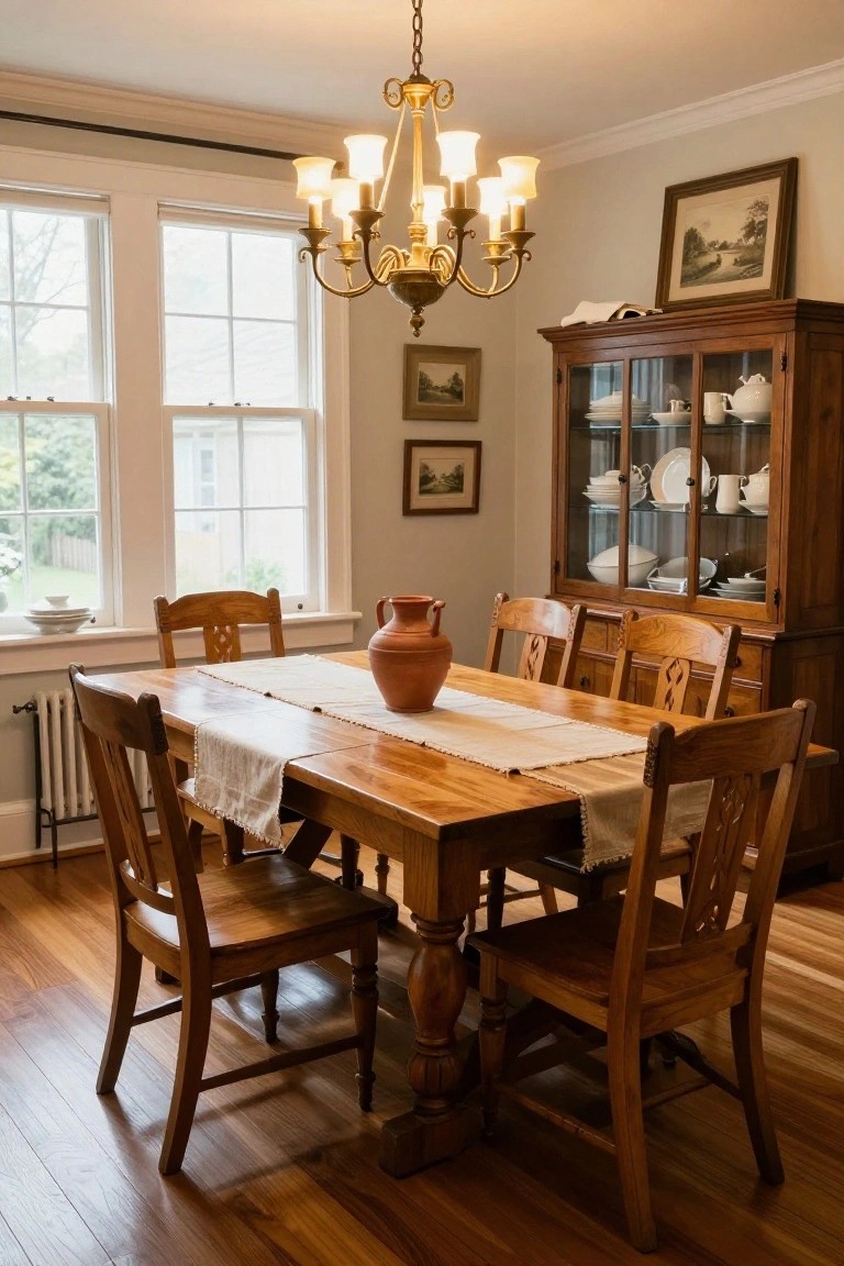 A traditional dining room with a rectangular wooden table covered by a white runner and terracotta vase, surrounded by six wooden spindle-back chairs, a matching wooden china cabinet with white dishes, brass chandelier, and large double-hung windows.