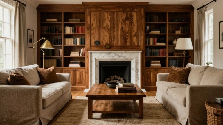 Traditional living room interior with tall wooden built-in bookshelves and cabinetry flanking a white marble fireplace, beige sofa, wooden coffee table holding ceramic bowls, gold floor lamp, and neutral seagrass rug on wood floors.