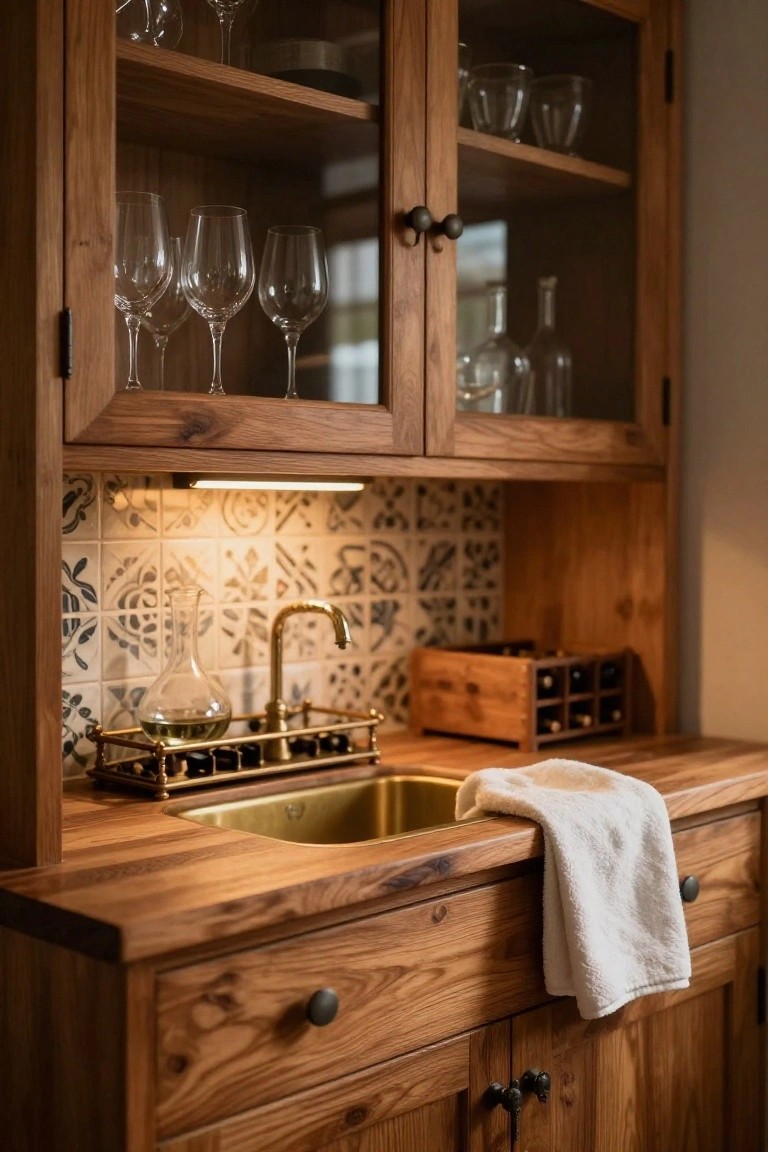 Wooden kitchen cabinetry with glass-front upper doors displaying wine glasses, decanters, and bottles, featuring a brass faucet over a gold sink, wood countertop, and patterned tile backsplash.