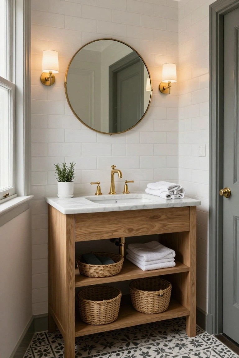 Corner bathroom with oak wood vanity cabinet under marble sink, gold faucet and hardware, round gold mirror with sconces, white subway tile walls, woven baskets on shelves, and rosemary plant in white pot.