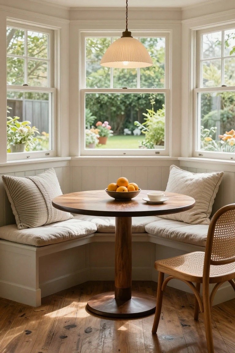 Bay window nook featuring built-in cushioned bench seating on two sides, a round wooden pedestal table with a bowl of oranges and teacup, a rattan chair, white walls, and garden view through triple windows.