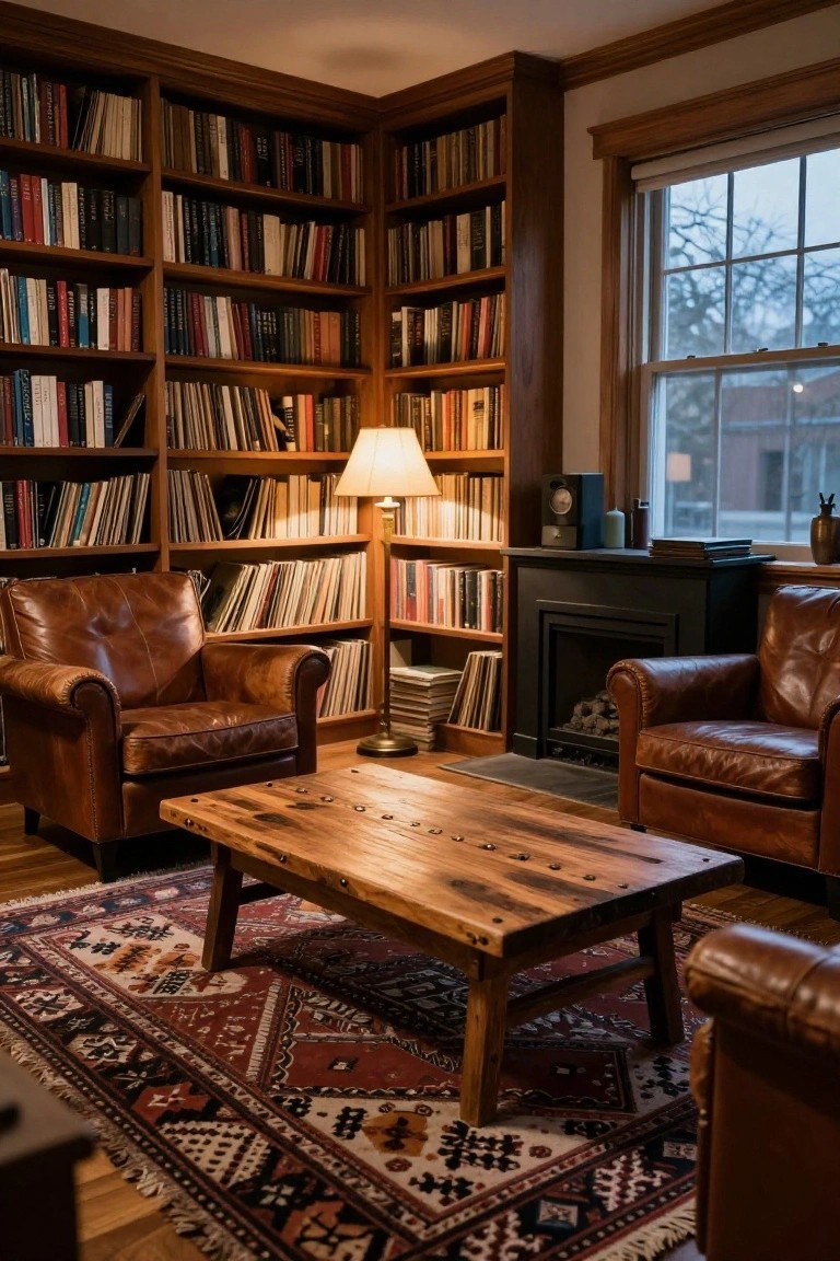 Corner of a wood-paneled library room with tall bookshelves, two brown leather armchairs, rustic wooden coffee table on a red and black rug, floor lamp, and black fireplace.