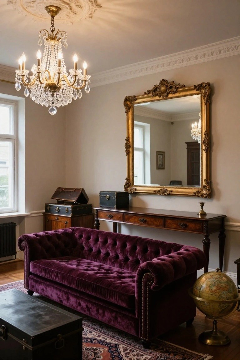 A traditional interior room with a purple velvet tufted sofa, wooden trunks and chests, a wooden console table, gold-framed mirror, crystal chandelier, and globe stand on a patterned rug.