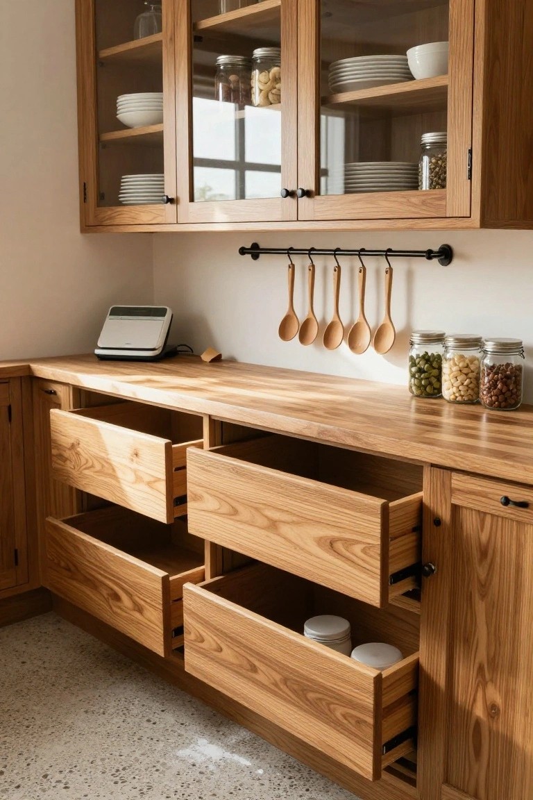Light oak kitchen cabinets with glass-front upper doors displaying stacked plates, bowls, and jars, multiple lower drawers pulled open, wooden spoons hanging from a black rail, jars of nuts on the butcher-block countertop, and a digital scale nearby.
