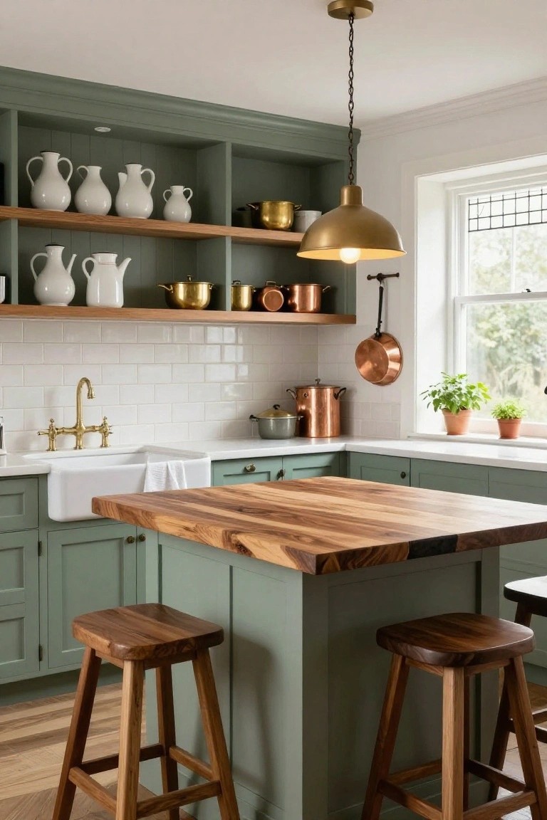 A traditional kitchen with sage green cabinets, open wooden shelves holding white pitchers and copper pots, white subway tile backsplash, brass bridge faucet over a white farmhouse sink, wooden island with butcher block countertop, and four matching wood bar stools.