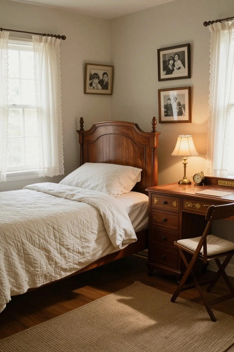 Corner bedroom with wooden carved bedframe and white bedding, adjacent wooden desk with brass lamp and clock, sheer curtains on two windows, family photos on walls, hardwood floor and seagrass rug.
