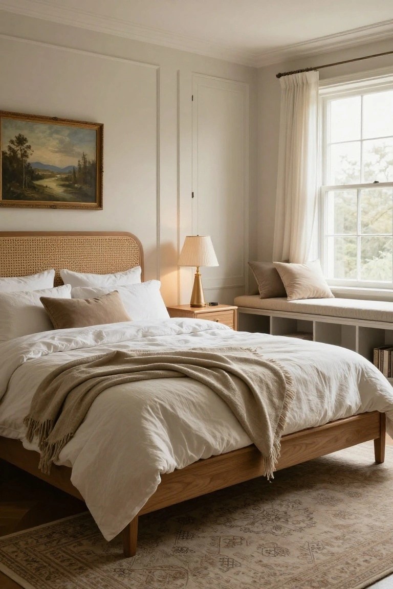 Bedroom interior featuring a low wooden bed with rattan cane headboard, white duvet and pillows, beige throw blanket, wooden nightstand with lamp, built-in window seat with cushions, and beige rug on hardwood floor.