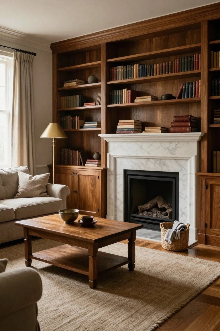 Traditional living room interior with tall wooden built-in bookshelves and cabinetry flanking a white marble fireplace, beige sofa, wooden coffee table holding ceramic bowls, gold floor lamp, and neutral seagrass rug on wood floors.