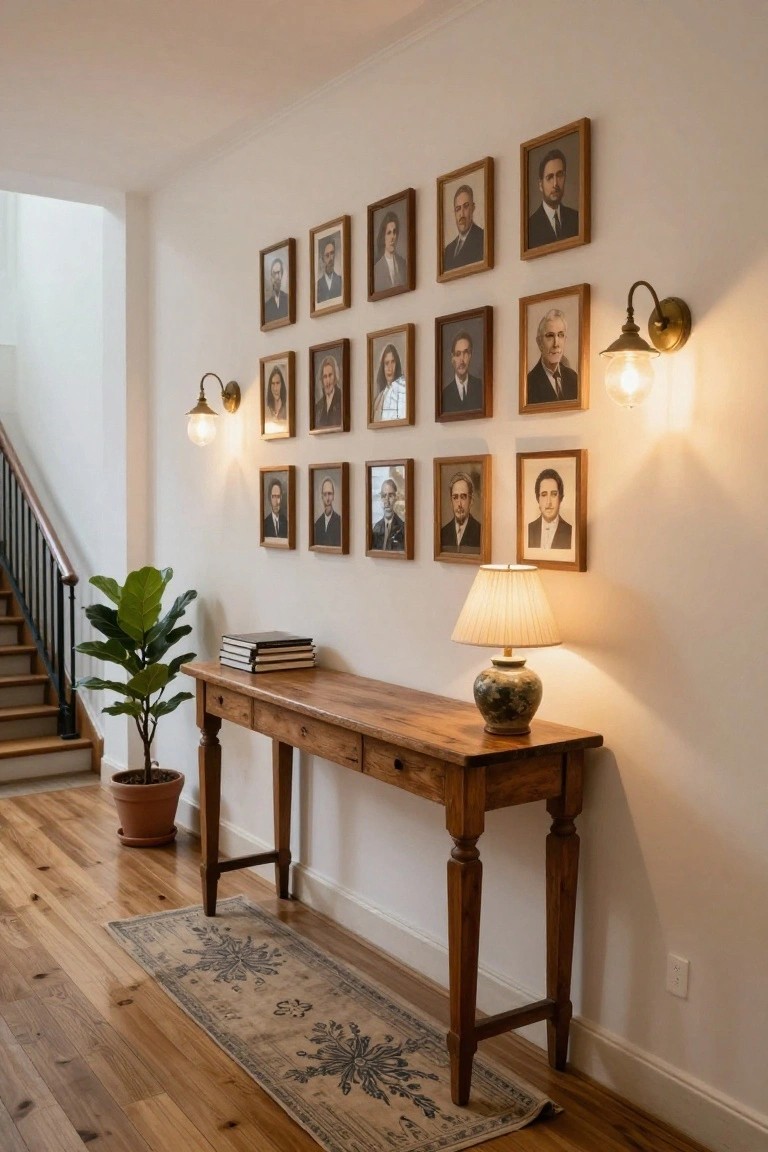White interior hallway with wooden console table holding stacked books and ceramic lamp, potted ficus plant beside it, gallery wall of oval wooden-framed black-and-white portraits above, wooden staircase and oak floors.