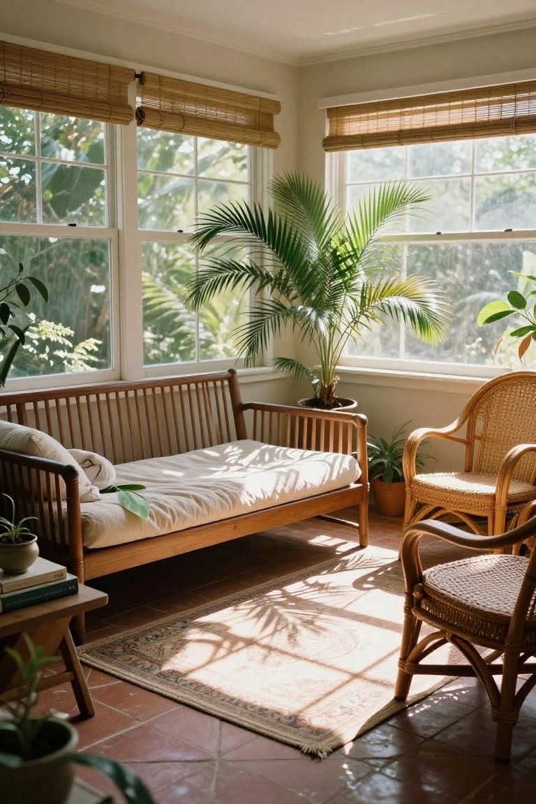 Sunlit interior room with wooden slatted daybed on white cushions, rattan chairs, potted plants including a tall palm, bamboo blinds on large windows, wooden side table with books, and patterned rug on terracotta tile floor.