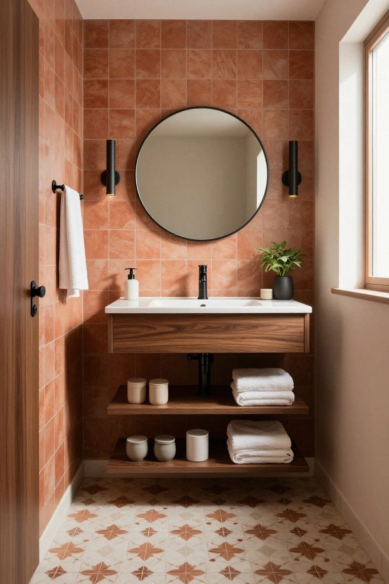 Small bathroom with terracotta tiles on walls and patterned floor, floating wooden vanity with white sink and black faucet, round black-framed mirror, black wall sconces, towels, and potted plant.