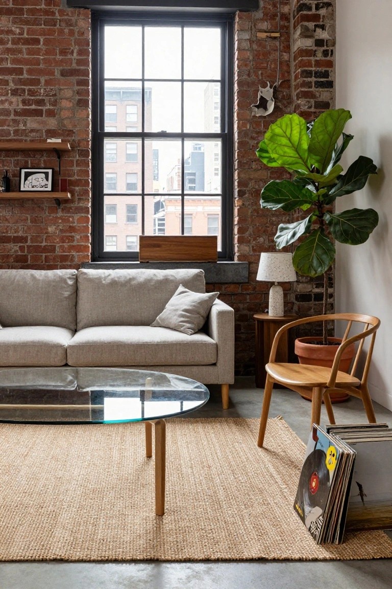 Living room interior with exposed red brick walls, large black-framed windows overlooking city buildings, light gray sofa, glass-topped wood coffee table, wooden accent chair, large potted fiddle leaf fig plant, speckled lamp on wood side table, and stack of vinyl records on seagrass rug.