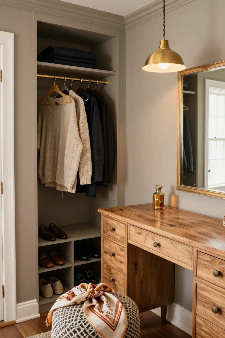 Small gray closet alcove with navy blankets on top shelf, cream sweater and navy jackets on hangers, brown and black shoes on lower shelves, wooden vanity desk topped with gold perfume bottle under gold pendant light and mirror, patterned pouf stool nearby.
