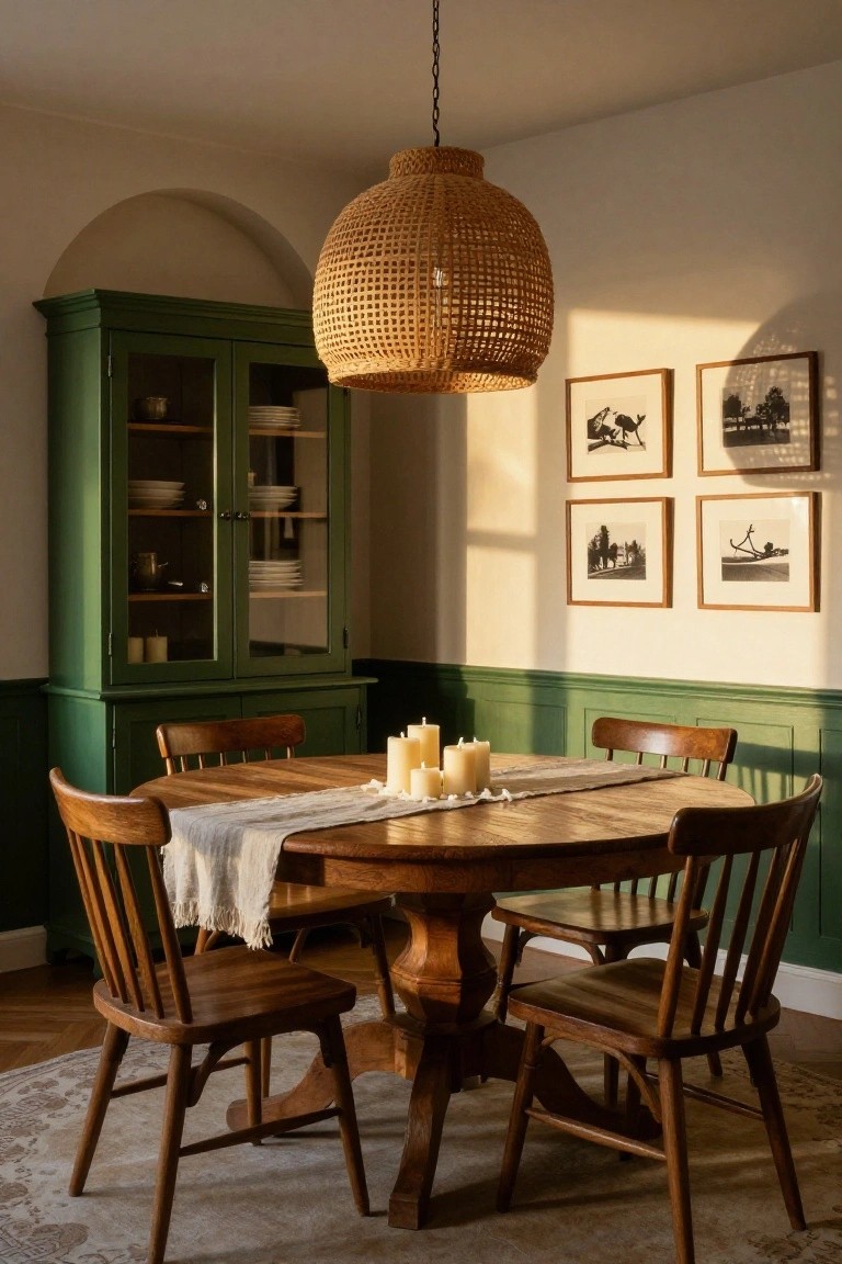 Dining room featuring a wooden pedestal table with matching chairs, deep green glazed-door cabinet displaying dishes, woven rattan pendant light, candles on a linen runner, and black-and-white framed photos on the wall.