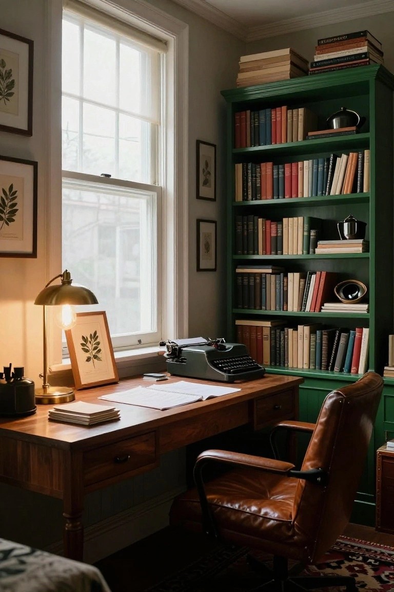 Emerald green wooden bookshelves filled with books and decor flank a wooden desk with vintage typewriter, brass lamp, botanical prints, and tan leather chair in a light-filled study room.