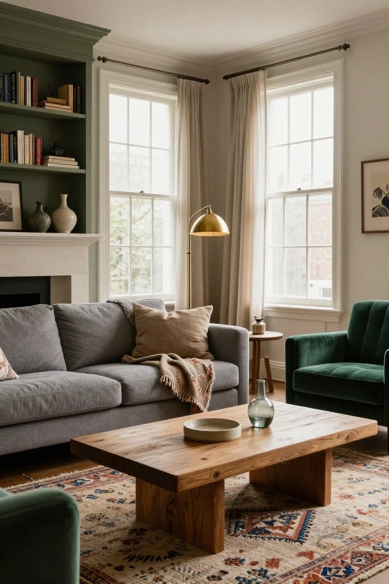 Corner of a living room with sage green painted built-in bookshelves flanking a limestone fireplace, gray sofa with tan throw, green velvet chairs, raw wood coffee table on a patterned rug, sheer curtains on white-framed windows, and gold arc lamp.