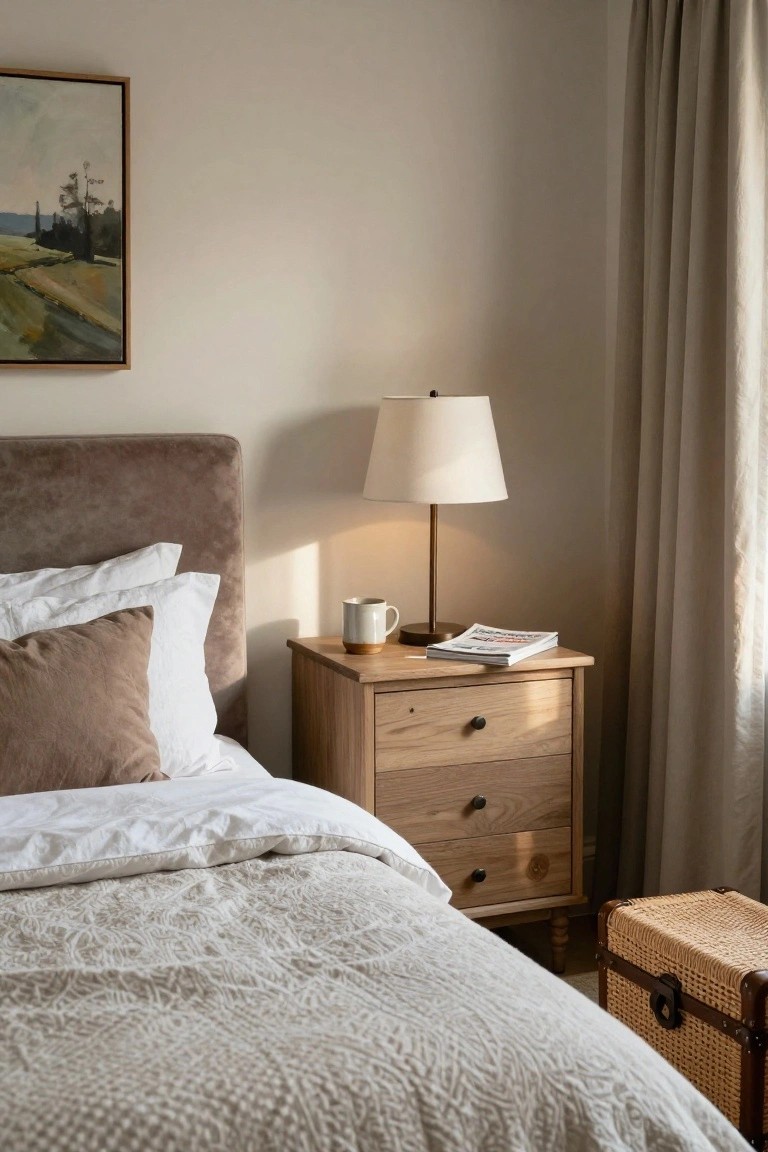 Corner view of a bedroom with a light oak three-drawer nightstand topped by a white lamp, ceramic mug, and magazine stack, positioned beside a bed with white sheets, beige pillows, and textured gray quilt, against beige walls, curtains, and a framed landscape painting.
