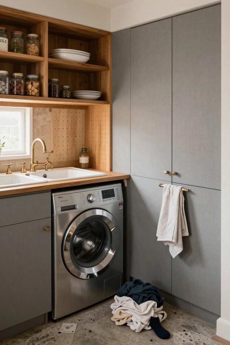 Laundry room interior with open wooden shelving stocked with glass jars, nuts, and white plates above a double sink and front-loading washer, flanked by gray cabinets on terrazzo floor.