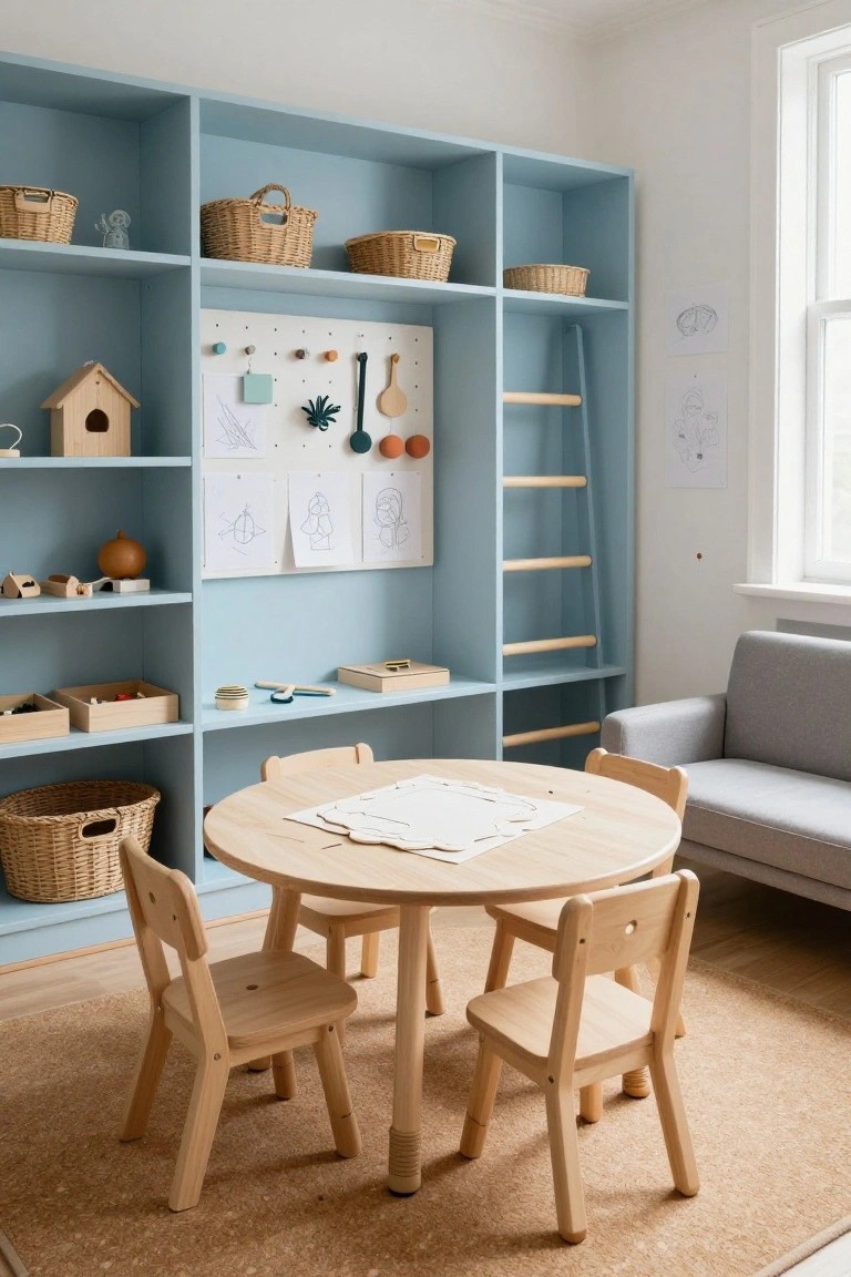 Light blue modular shelving units with baskets, toys, and wooden ladder against a white pegboard wall in a children's playroom, round wooden table with four chairs, and gray sofa nearby.